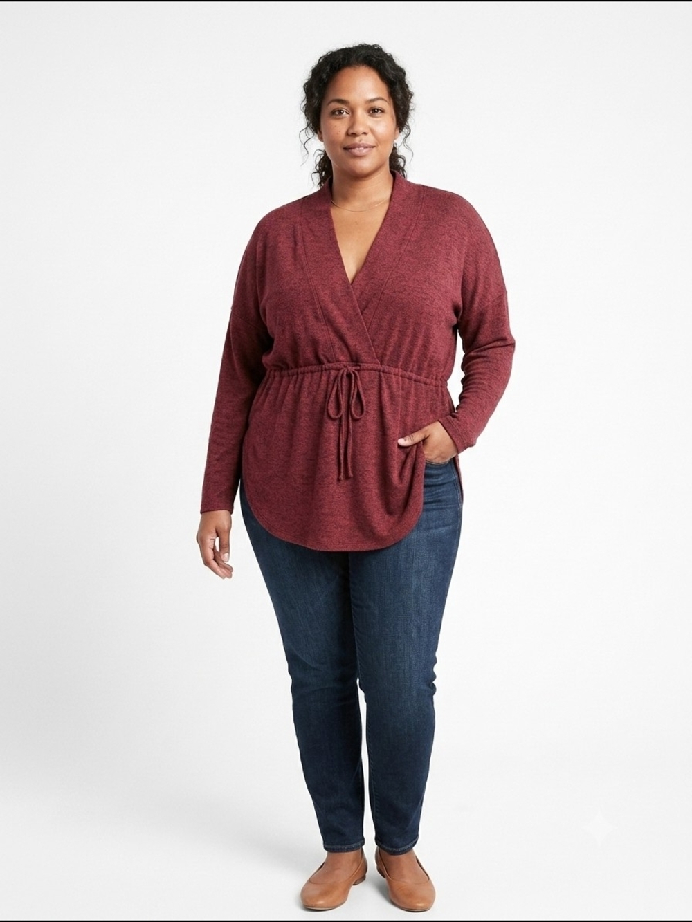 Coin 1804 Women's Burgundy Wrap-Front Peplum Sweater Soft Autumn